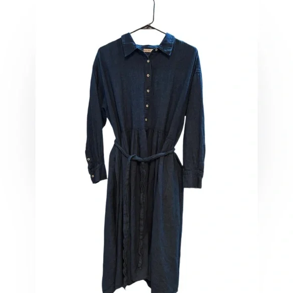 Alex Mill Indigo Linen Shirt Dress Long Sleeve Belted Button Front Size M - Picture 6 of 7